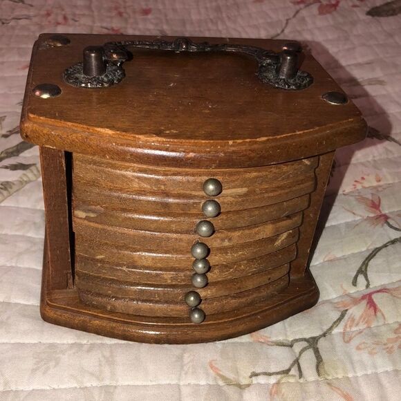 Vintage Antique Wooden Coaster Set of 7 - Picture 1 of 9
